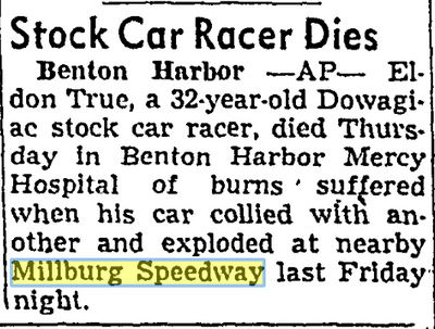 July 1957 driver dies in crash Millburg Speedway, Benton Harbor